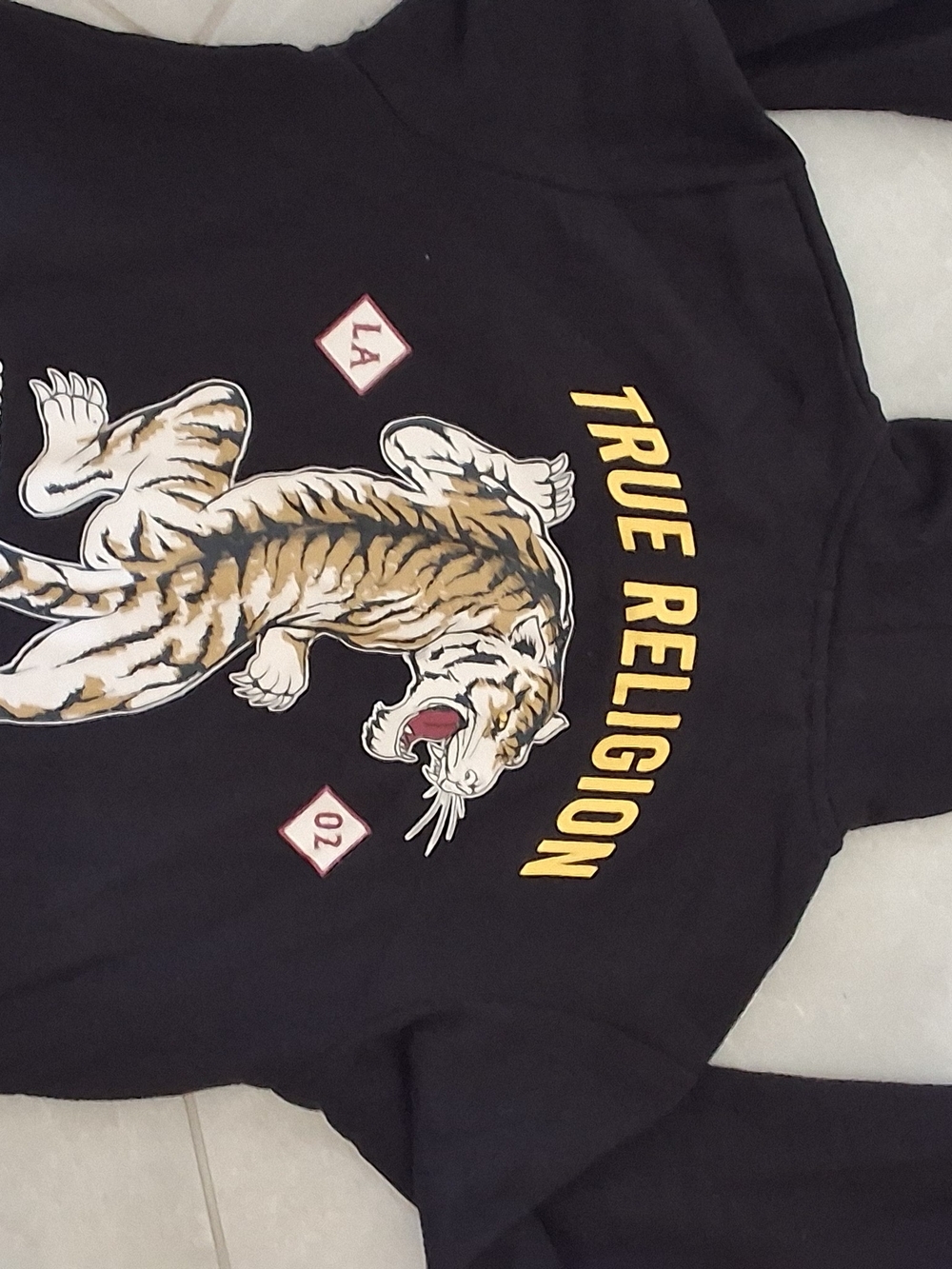 True Religion Black  Sweatshirt with Yellow Logo and Tan Tiger Graphic